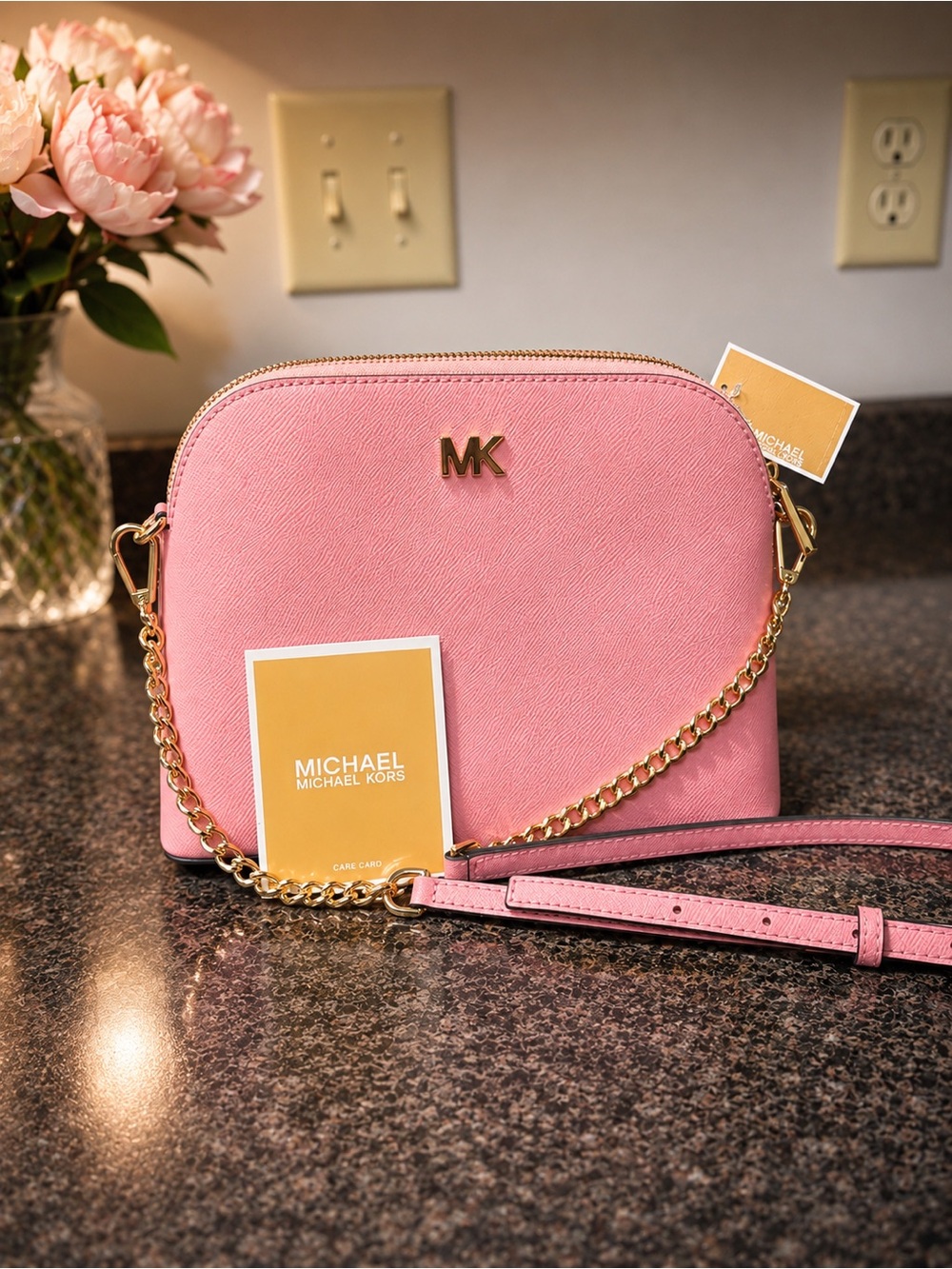 Michael Kors Pink Saffiano Dome Crossbody with Gold Chain